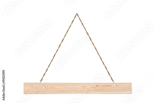 Studio shot of a wooden plank sign isolated on white background. Lots of copy space for text.