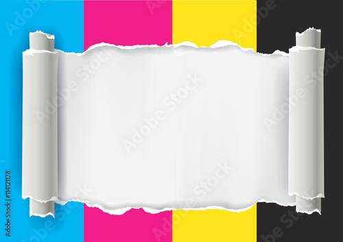 Ripped paper with print colors.
Ripped paper with place for your image or text. Concept for presenting color printing. Vector available.
