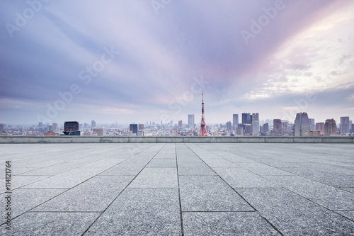 empty street with cityscape and skyline of tokyo in romance sky