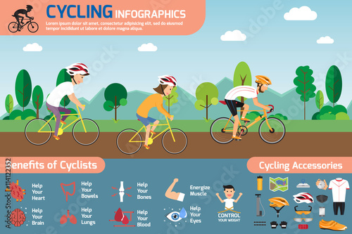 Cycling infographics. concept cycling with smiling cartoon man a