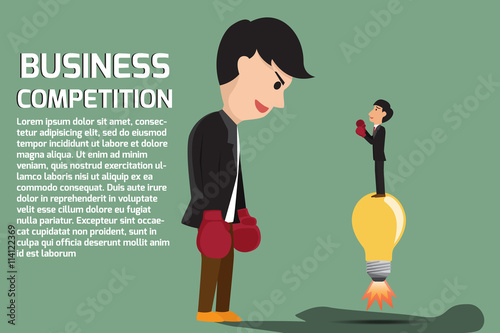 Businessman boxing against a giant business man between small bu