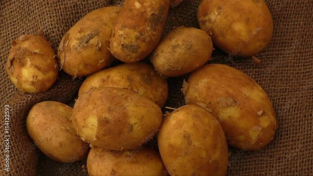 Raw potatoes on rustic hessian background
Raw potatoes on rustic hessian background