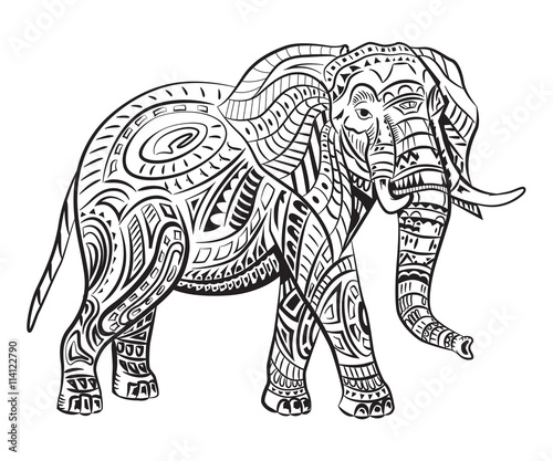 Hand-painted elephant with ornament. Tattoo elephant with patterns  coloring page  t-shirts.  