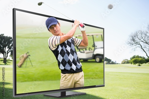 Composite image of man playing golf