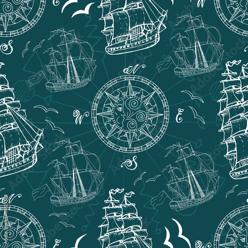Seamless pattern with sea symbols and ships