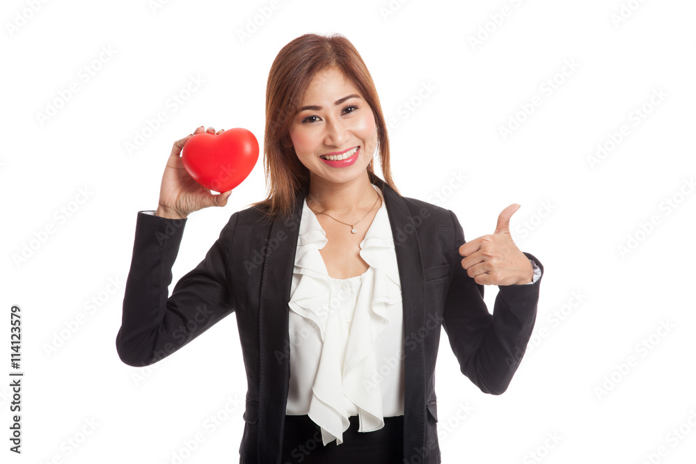 Asian business woman thumbs up with red heart Asian business woman thumbs up with red heart