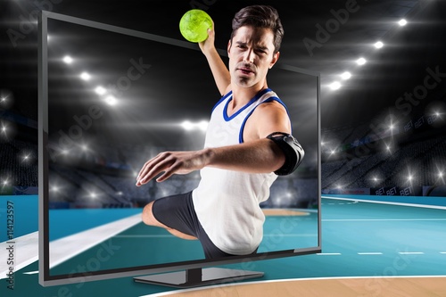 Composite image of portrait of athlete man throwing a ball 