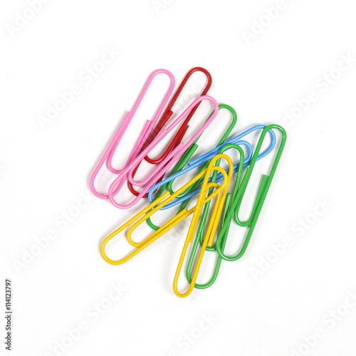 Multicolored paperclips isolated on white background