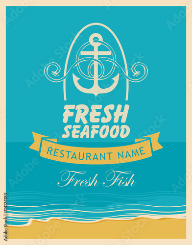 Retro banner for a seafood restaurant with an anchor and rope on the background of the sea