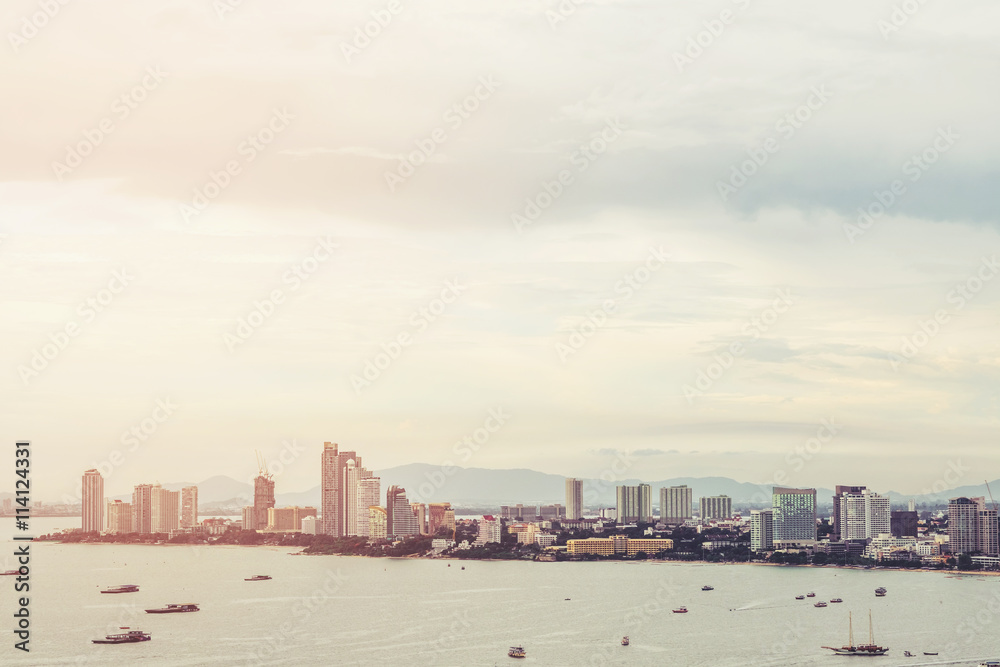 View of Pattaya city from aerial, cityscape in sunrise, vintage tone soft focus