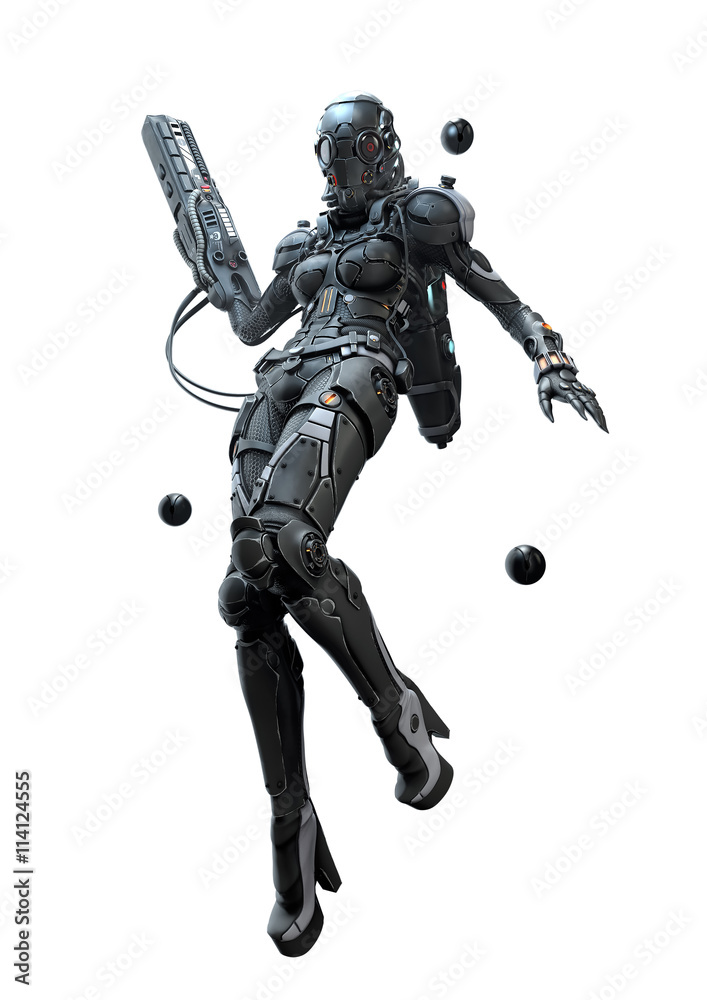 3D illustration cyborg girl flying with a weapon in her hand