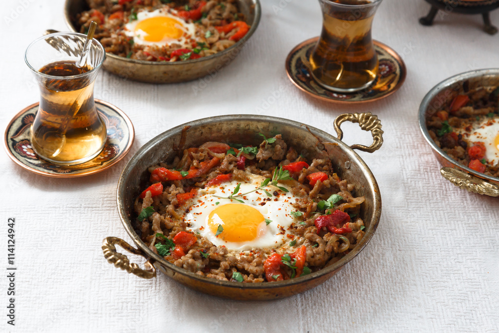 Minced meat, onion and pepper with egg, Turkish traditional breakfast food