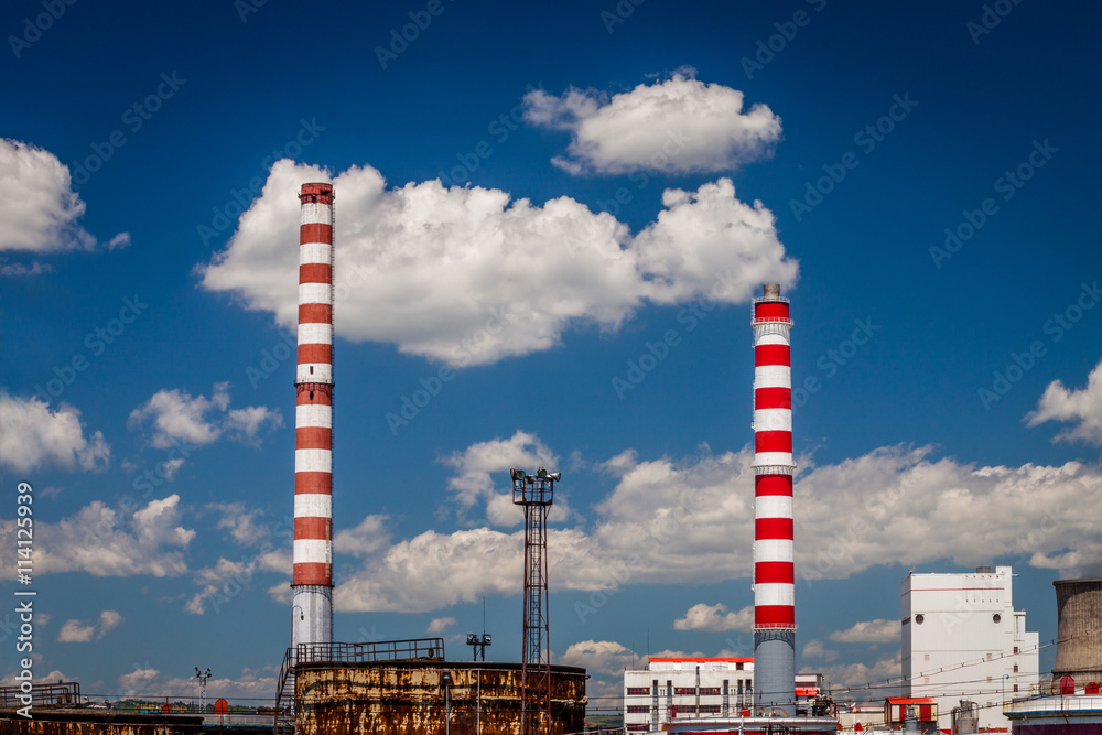 Color picture of red and white chimneys
