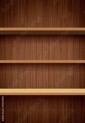 wood bookshelves on brown wood wall background flat design