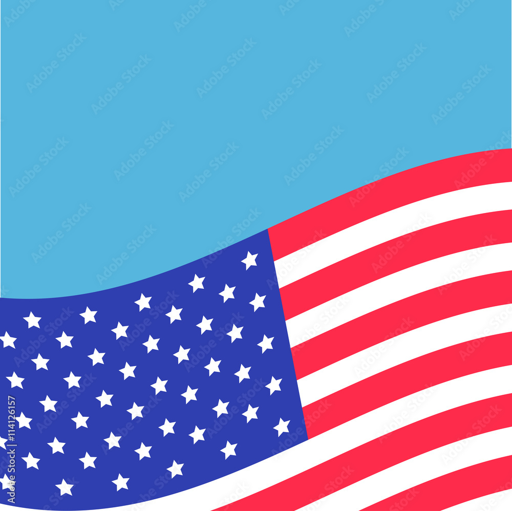 Fototapeta premium Waving American flag frame. Blue background. Greeting card. Flat design.