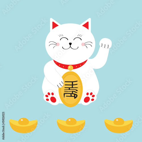 Lucky cat holding golden coin. Japanese Maneki Neco cat waving hand paw icon. Chinese gold Ingot. Feng shui Success wealth symbol mascot. Cute cartoon character. Greeting card. Flat Blue background