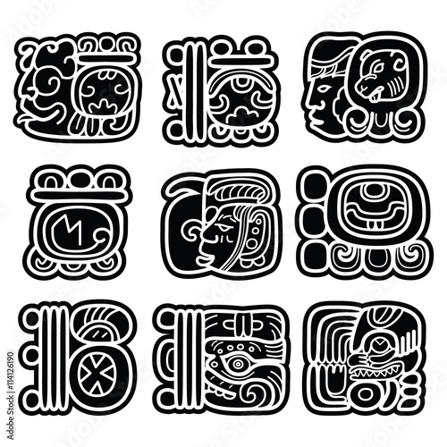 Mayan writing system, Maya glyphs and languge vector design  