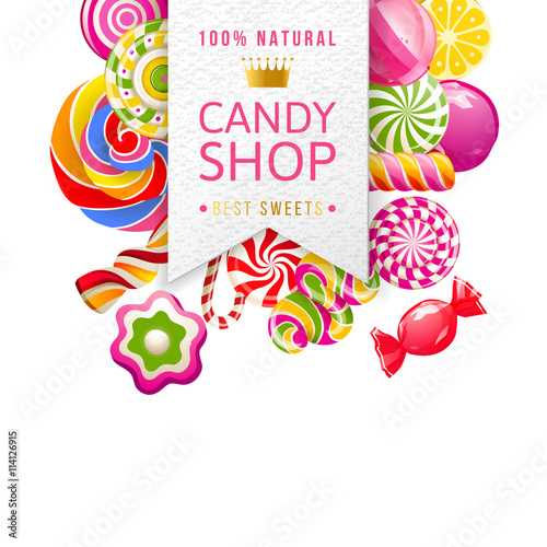 candy shop label with type design and candies