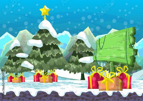 Cartoon vector christmas background with separated layers for game and animation, game design asset