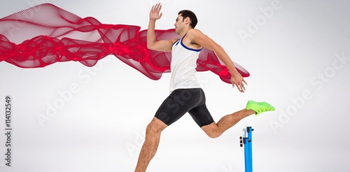 Composite image of male athlete running on white background