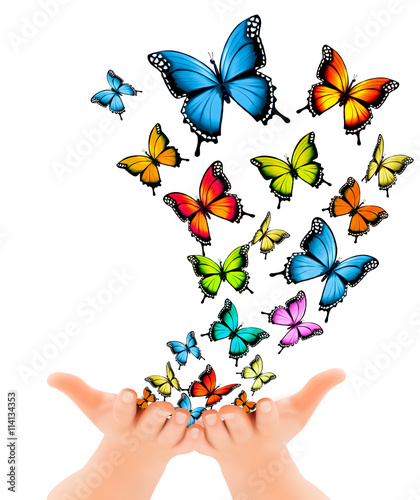 Hands releasing butterflies. Vector illustration