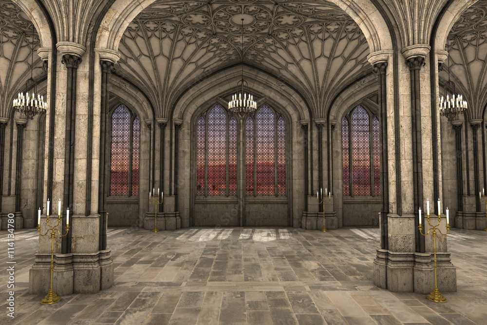 Gorgeous view of gothic cathedral interior 3d CG illustration