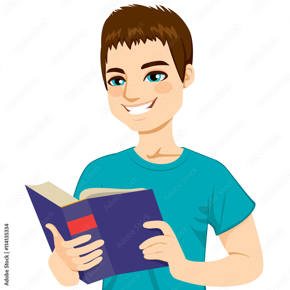 Young brown haired man happy enjoying reading big thick book Young brown haired man happy enjoying reading big thick book