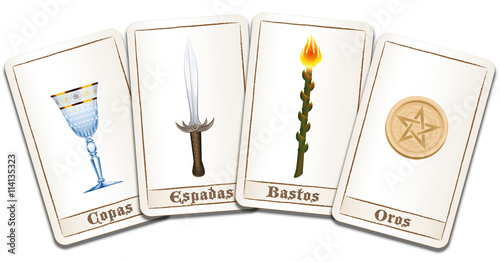 Tarot cards - SPANISH LABELING: cups, swords, wands, pentacles. Isolated vector illustration on white background.