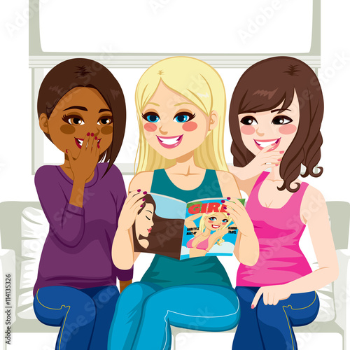 Three beautiful young women reading fashion and gossip magazine chatting and having fun