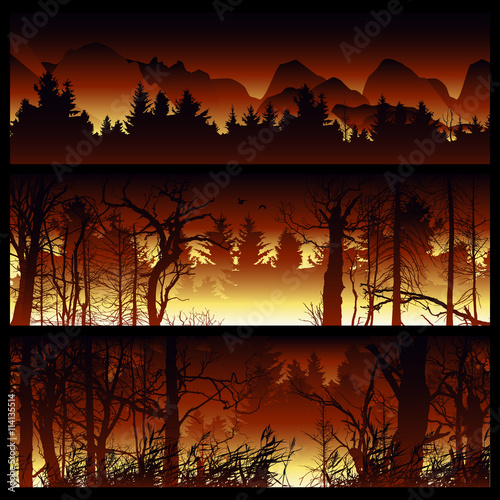 Wildfire background. Burning forest vector horizontal banners. Forest fire design template. landscape nature, wood natural panorama. Outdoor wildfire design template. Forest fire banner collection.