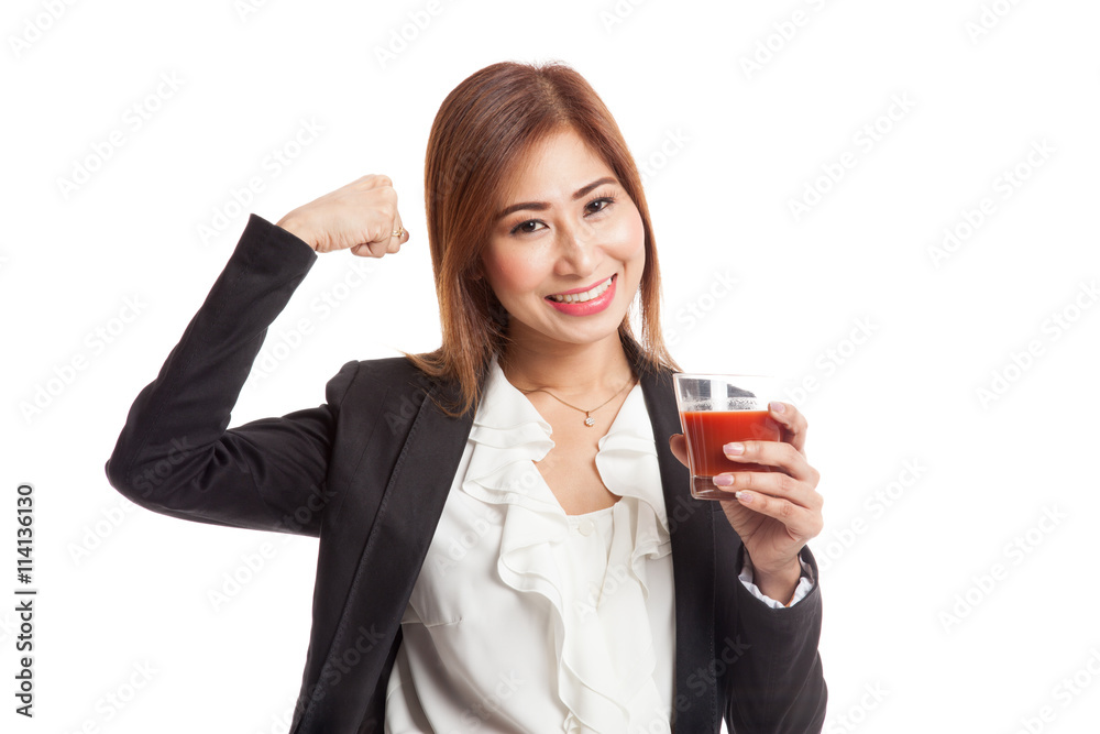 Strong healthy Asian woman with tomato juice Strong healthy Asian woman with tomato juice