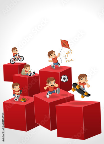 3d cubes with happy cartoon boy playing. Sports and toys. Infographic design.