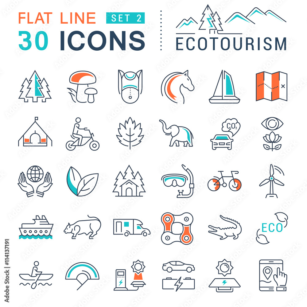 Set Vector Flat Line Icons Ecotourism Set Vector Flat Line Icons Ecotourism
