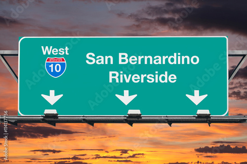 Canvas Print San Bernardino Riverside Interstate 10 West Highway Sign with Su