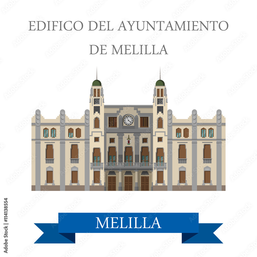 Edificio del Ayuntamiento de Melilla. Flat vector illustration
