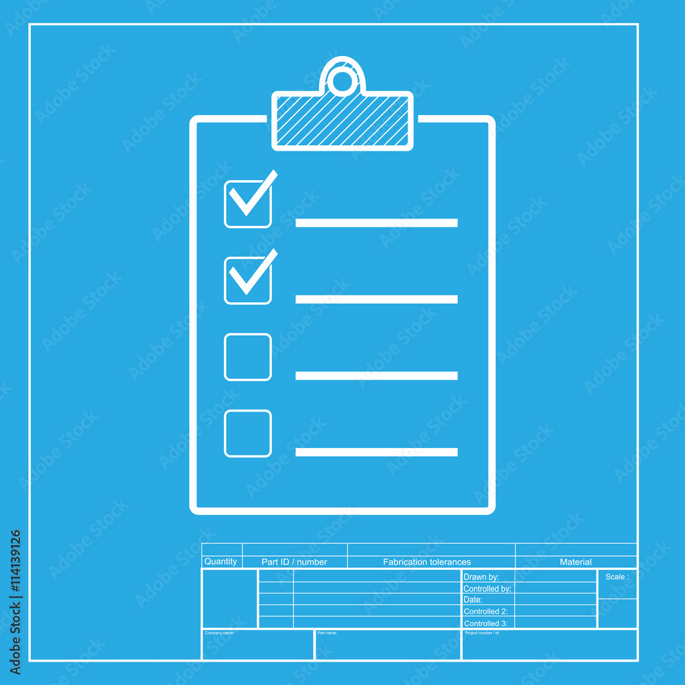 Checklist sign illustration. White section of icon on blueprint template. Checklist sign illustration. White section of icon on blueprint template.
