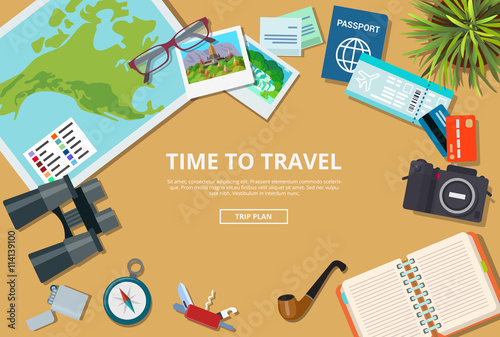 Time to travel agency web brochure vector illustration trip plan