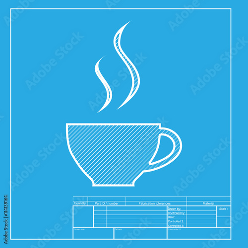 Cup of coffee sign. White section of icon on blueprint template.