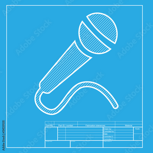 Microphone sign illustration. White section of icon on blueprint template.