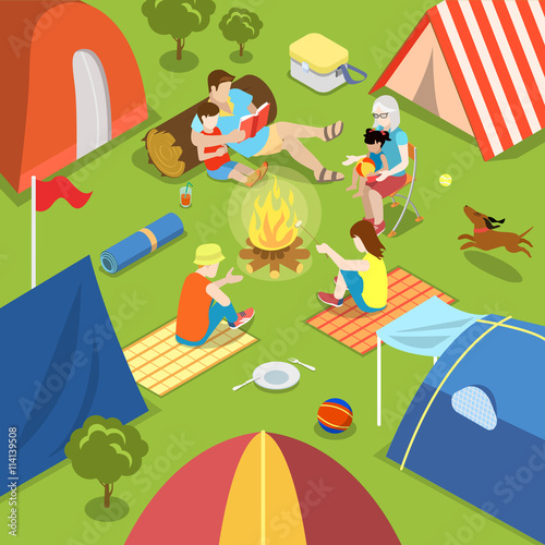 Isometric camping bonfire picnic family lifestyle Flat 3d