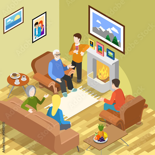 Isometric family home fireplace coffee time relax vector Flat 3d