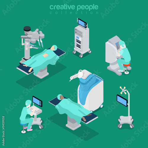 Isometric robot surgery medical hospital equipment flat 3d