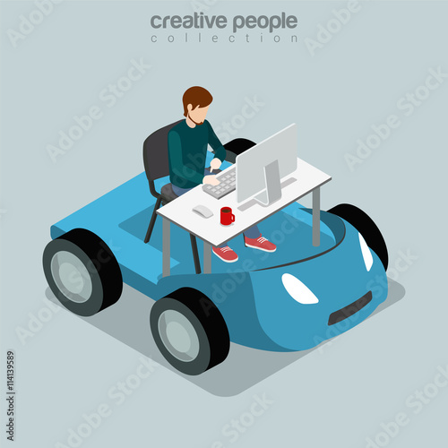 Isometric Mobile Office business Flat 3d man table car vector