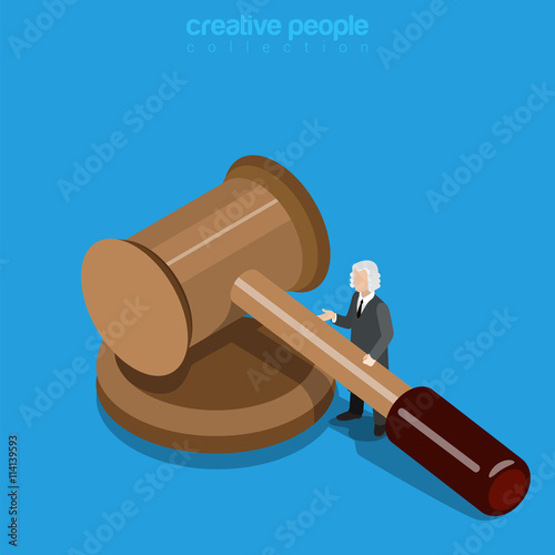 Isometric justice micro man judge huge hammer flat 3d vector.