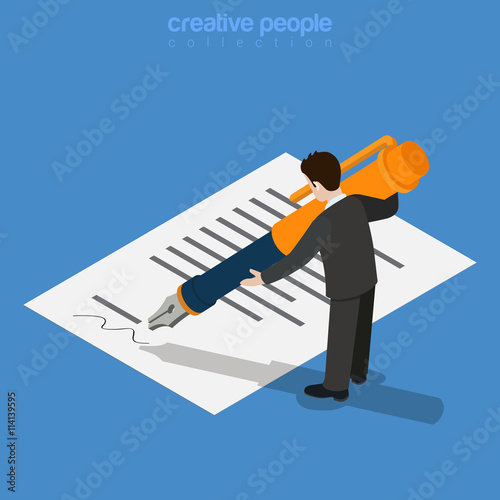 Micro worker man sign document huge ink pen flat 3d vector.
