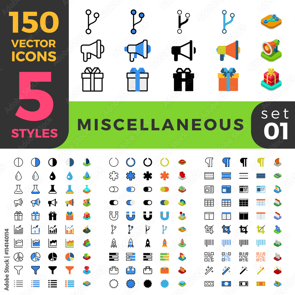 Miscellaneous 150 line flat isometric mobile web site icon set