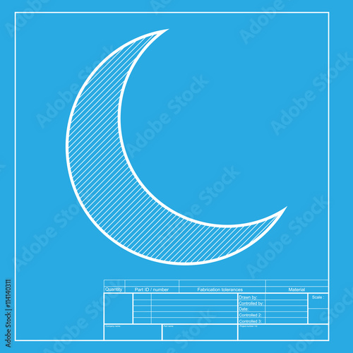 Moon sign illustration. White section of icon on blueprint template.