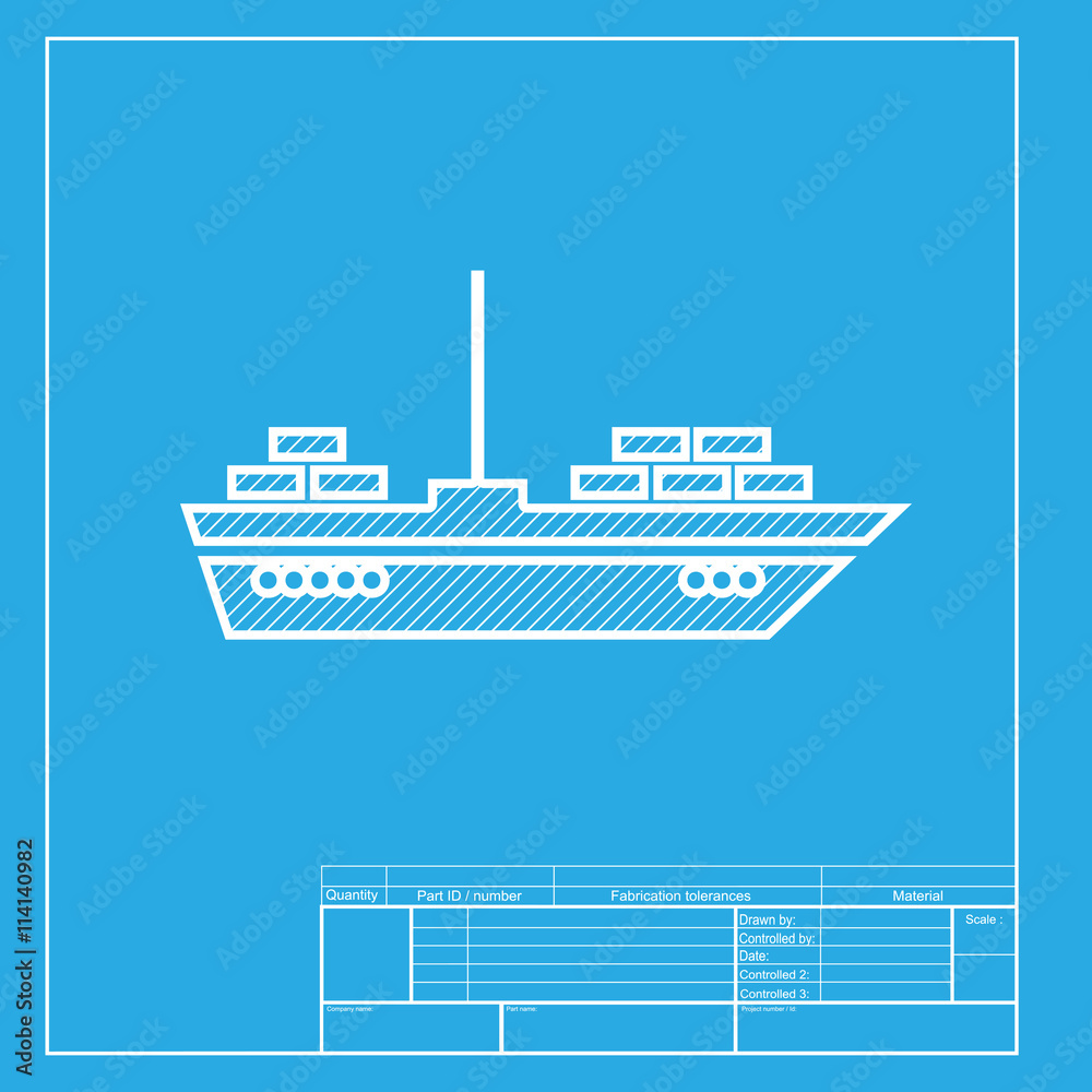 Ship sign illustration. White section of icon on blueprint template.