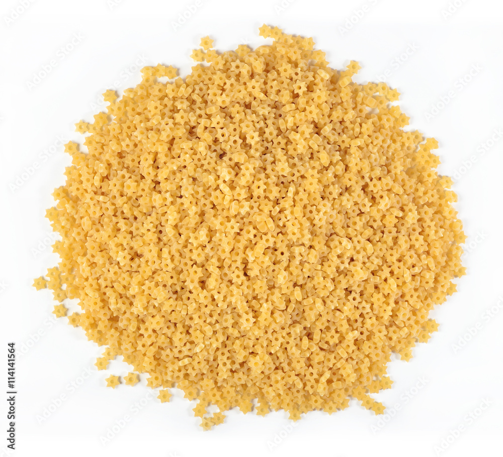 Heap of uncooked italian pasta stars on a white