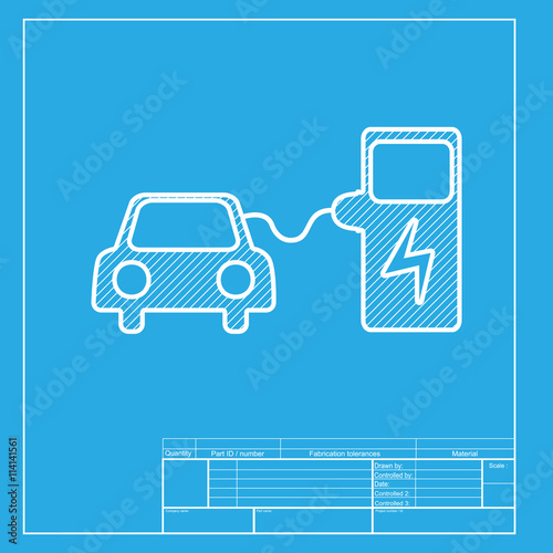 Electric car battery charging sign. White section of icon on blueprint template.